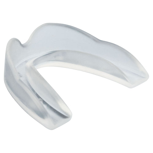 Close-up of a clear single-layer sports mouthguard displayed on white background