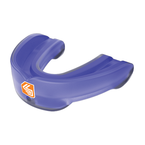 Close-up of a blue Shock Doctor mouthguard showing contoured gel channels and orange Shock Doctor logo on the front.