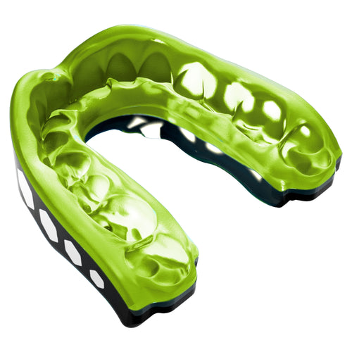 Close-up of a lemon-lime colored Shock Doctor Gel Max mouthguard showing textured bite surface