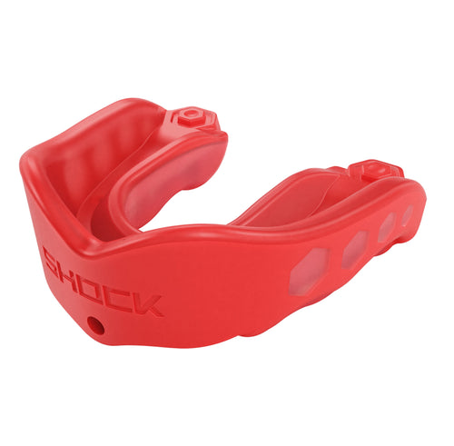 Studio image of a red Shock Doctor Gel Max adult mouthguard shown at an angled perspective on white background