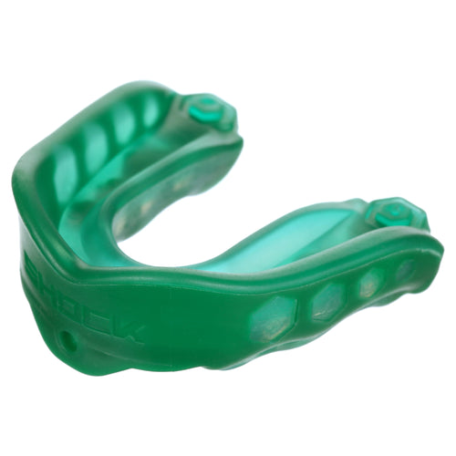 Close-up of a translucent green Gel Max mouthguard showing inner gel liner and outer frame details.