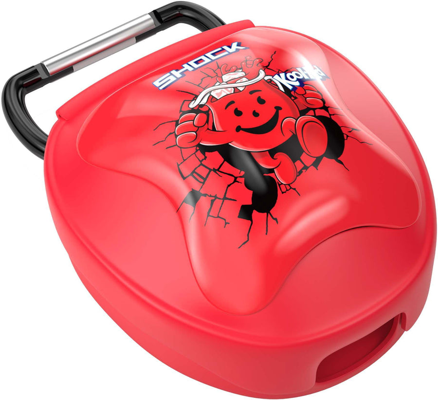 Red Shock Doctor mouthguard case with Kool-Aid Man cherry graphic and carabiner attached