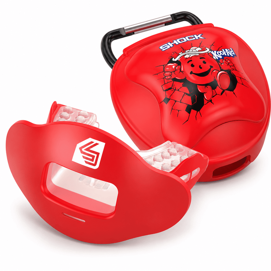 Red Shock Doctor lip guard and ventilated carrying case featuring Kool‑Aid mascot graphic, shown together on white background.