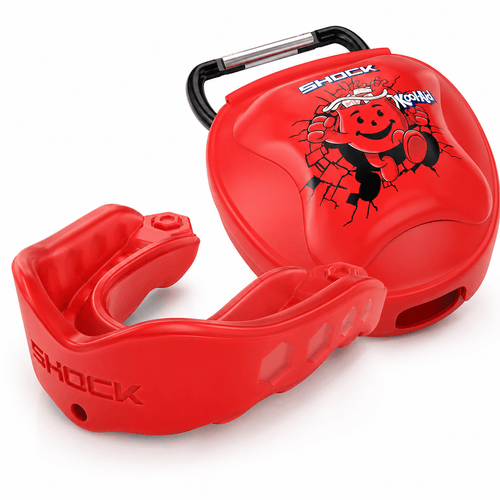 Red Shock Doctor youth gel mouthguard displayed with matching ventilated Kool‑Aid branded carrying case and carabiner.