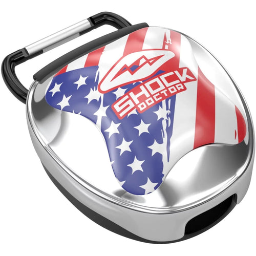 Silver Shock Doctor mouthguard case with American flag stars-and-stripes graphic and attached carabiner