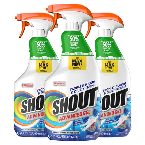 Three Shout Advanced Gel spray bottles with orange triggers grouped on white background.