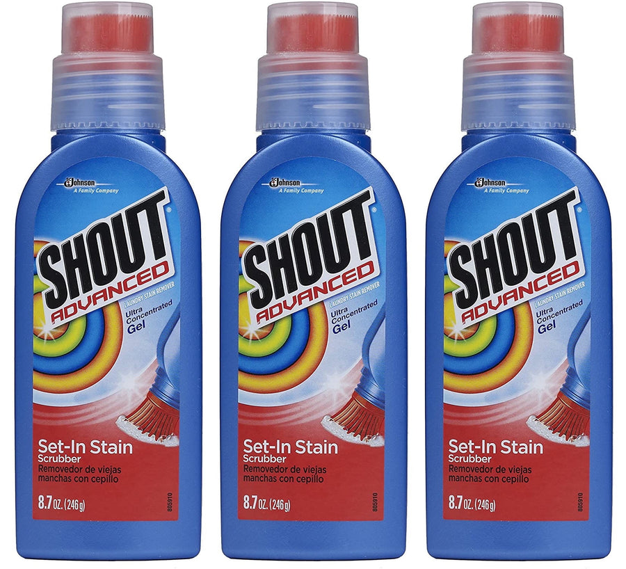 Three Shout Advanced ultra concentrated gel set-in stain scrubber bottles with red brush caps
