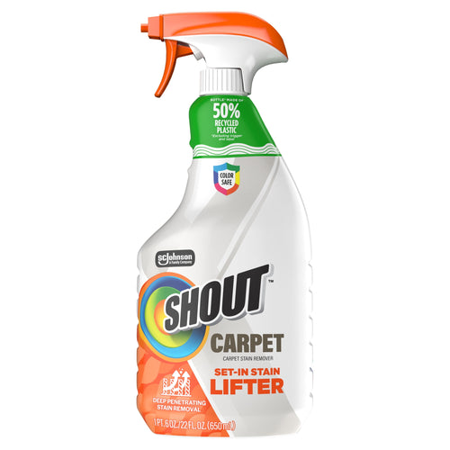 Front of a Shout Carpet stain lifter trigger spray bottle with colorful logo and orange trigger