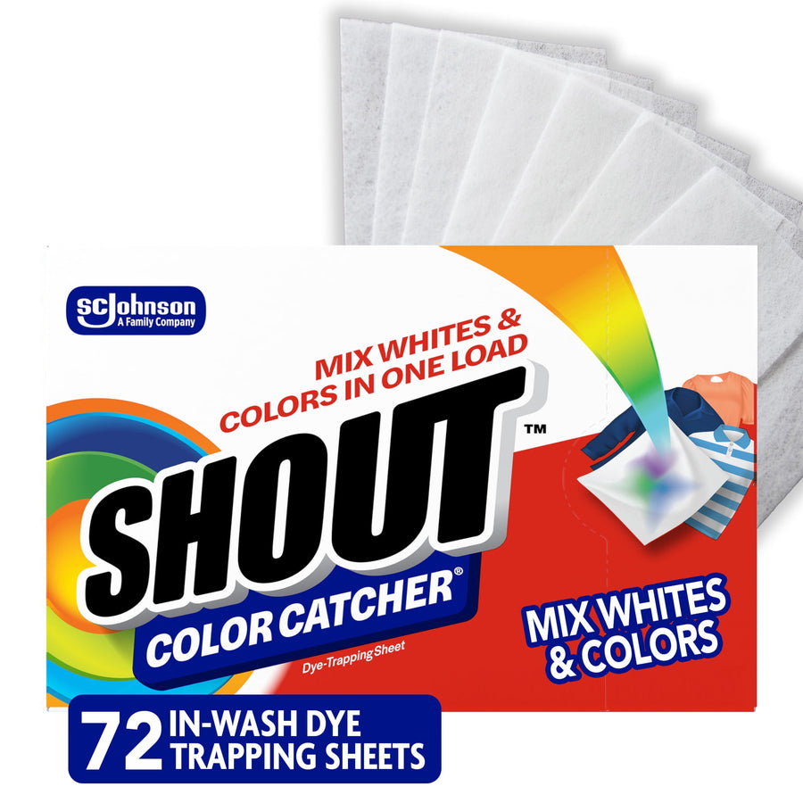 Box of SHOUT Color Catcher dye-trapping sheets with several white sheets fanned behind the package