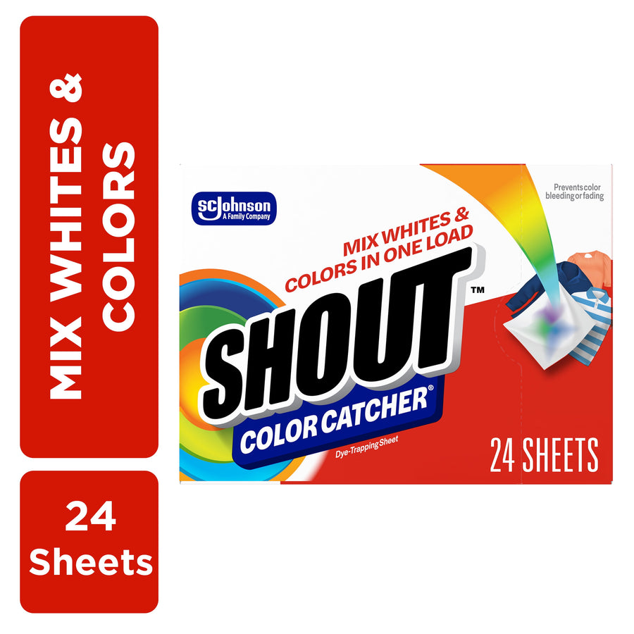 Shout Color Catcher retail box with bold logo and colorful swoosh, red and white packaging with 24 sheets callout