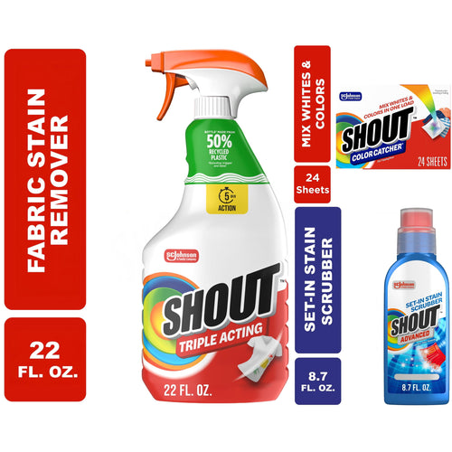 Composite product image showing Shout triple-acting spray bottle, Shout Color Catcher box, and Shout Advanced set-in stain scrubber bottle