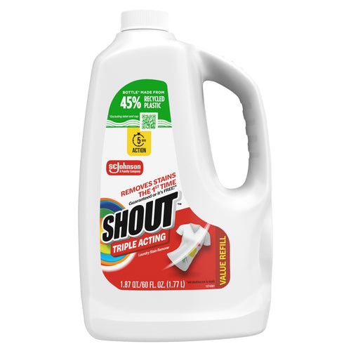 White Shout Triple Acting laundry stain remover value refill jug with label showing 60 fl oz and green recycled-plastic callout.