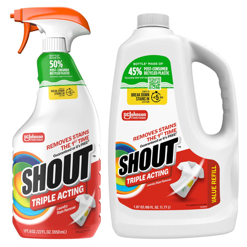 Front-facing Shout triple-acting trigger spray and white refill jug with visible labels and green recycled-plastic callouts