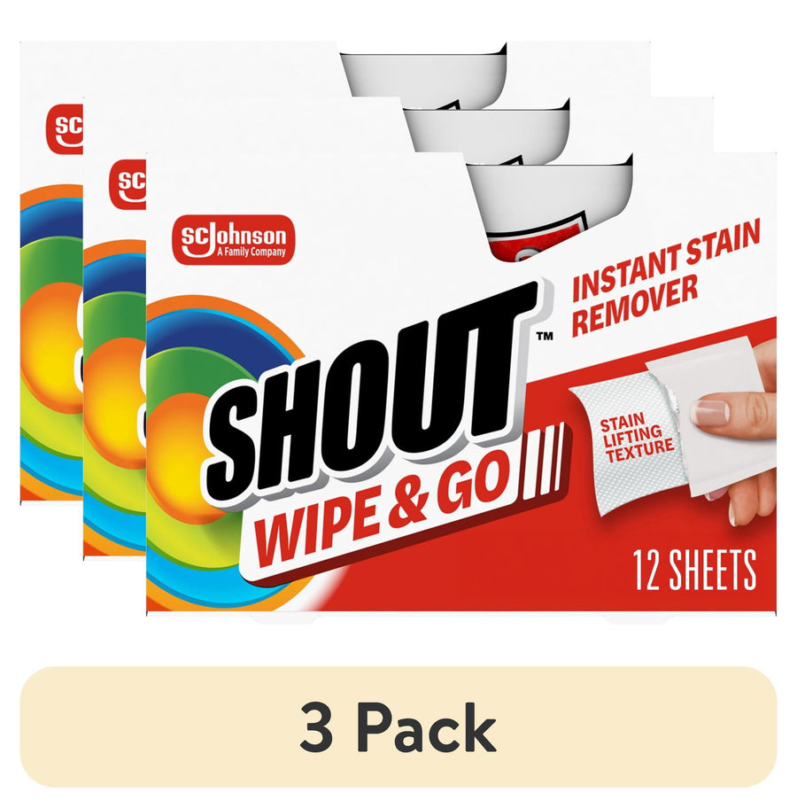 Three overlapping boxes of Shout Wipe & Go instant stain remover with colorful swirl logo and a hand holding a wipe