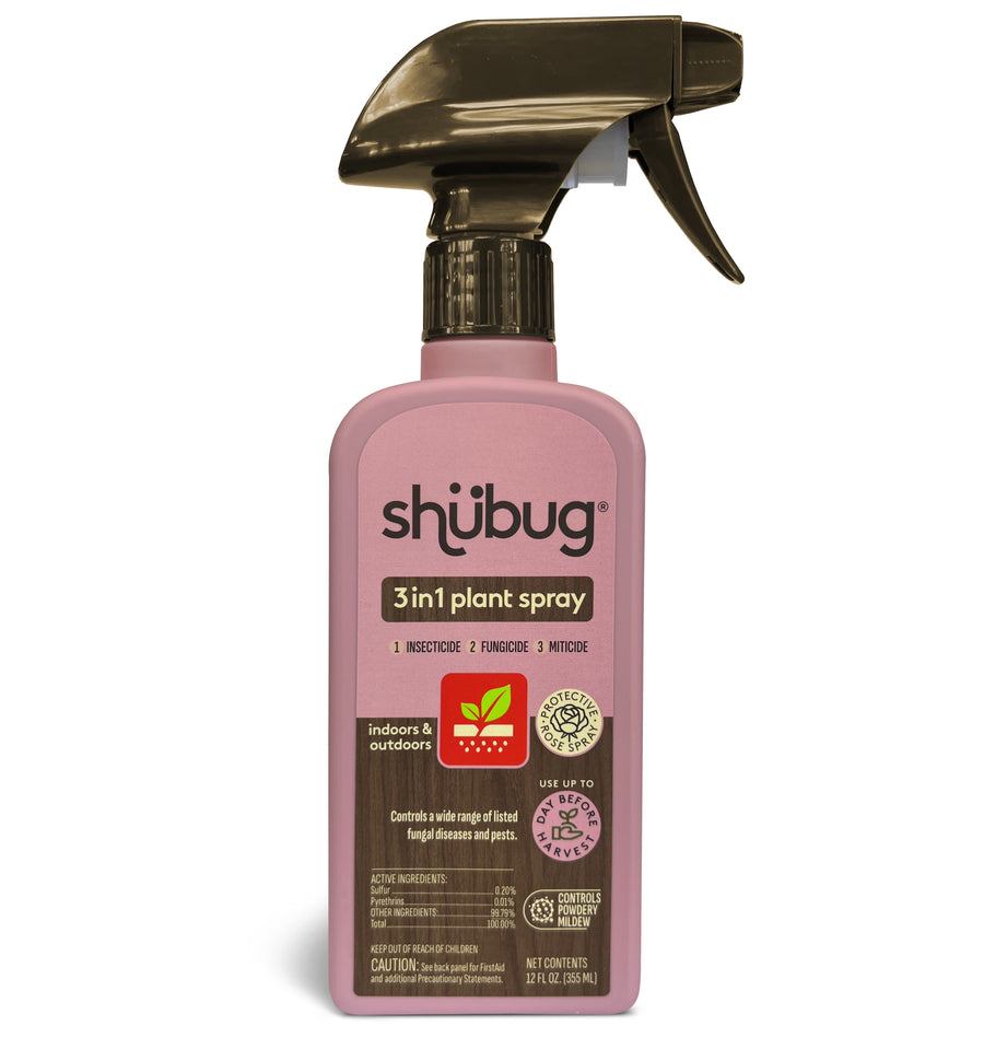Front view of a pink Shubug 3in1 plant spray bottle with label details and black trigger top on white background.