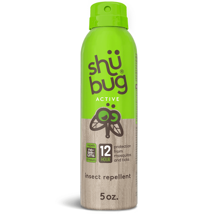 Tall green Shubug Active aerosol can with wood-textured label and '12 hour' insect repellent text