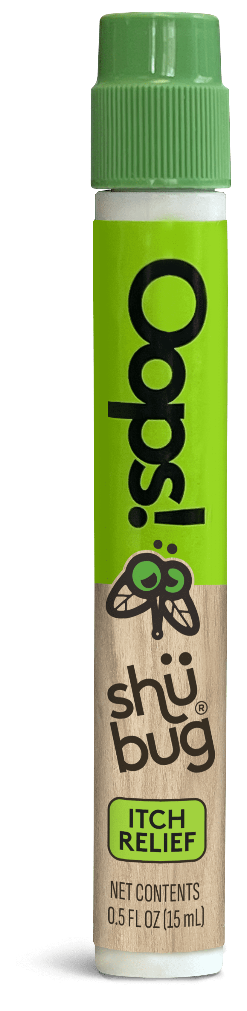 Close-up vertical view of a Shübug Oops! pen with green cap and wood-texture label reading itch relief.