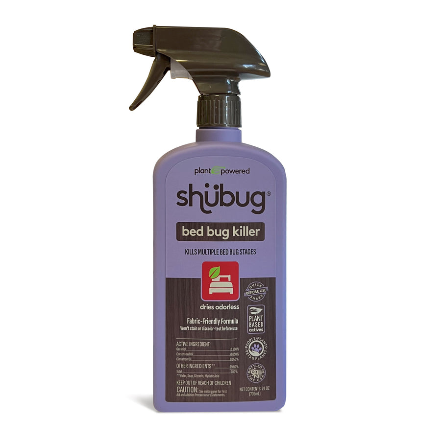 Purple Shubug plant-powered bed bug killer spray bottle with black trigger nozzle on white background, front label visible