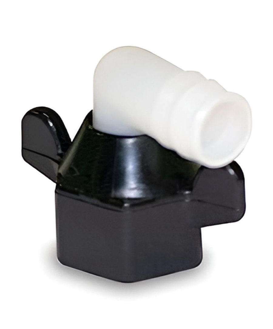 Close-up of a SHURflo elbow barb swivel fitting with a white 90° barb and black hex swivel base