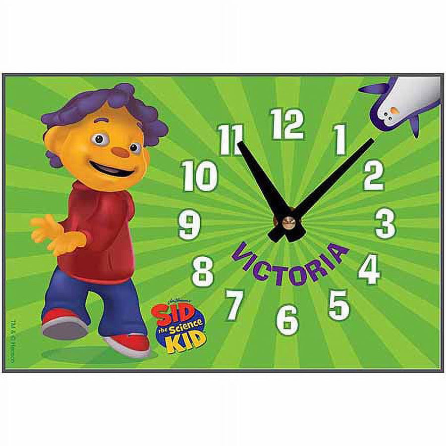 Bright green Sid the Science Kid themed analog clock face with character artwork, numbers and personalized name 'Victoria'