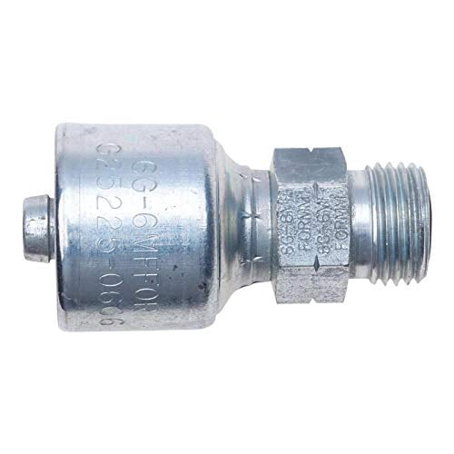 Side view of a metal hydraulic hose fitting showing hexagonal nut, threaded male end, and stamped part numbers