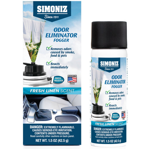 Product packaging and can of Simoniz Odor Eliminator Fogger in Fresh Linen scent with usage callouts and car interior image