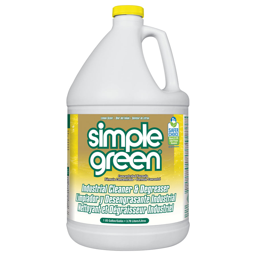 White one-gallon Simple Green jug with yellow cap and large lemon-themed product label for industrial cleaner