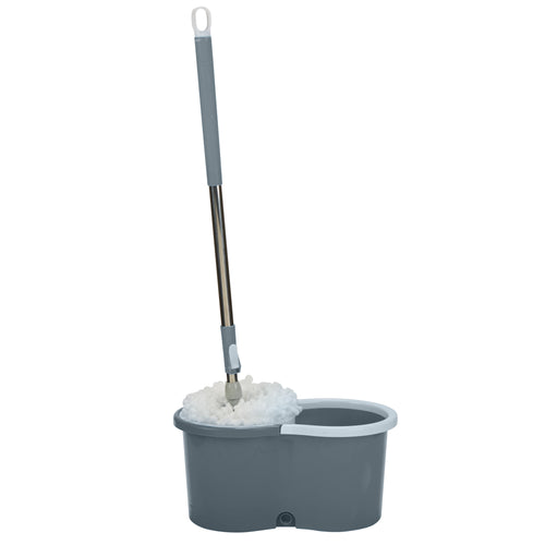 Grey self-wringing mop and oval bucket set shown upright on white background