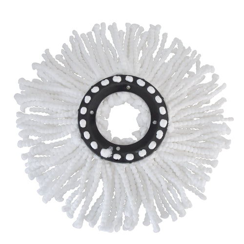 Top-down view of a white twisted microfiber mop head with black plastic center ring.