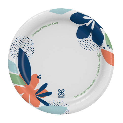 Single Dixie floral-pattern paper plate on white background showing printed design and small Dixie logo at center rim.