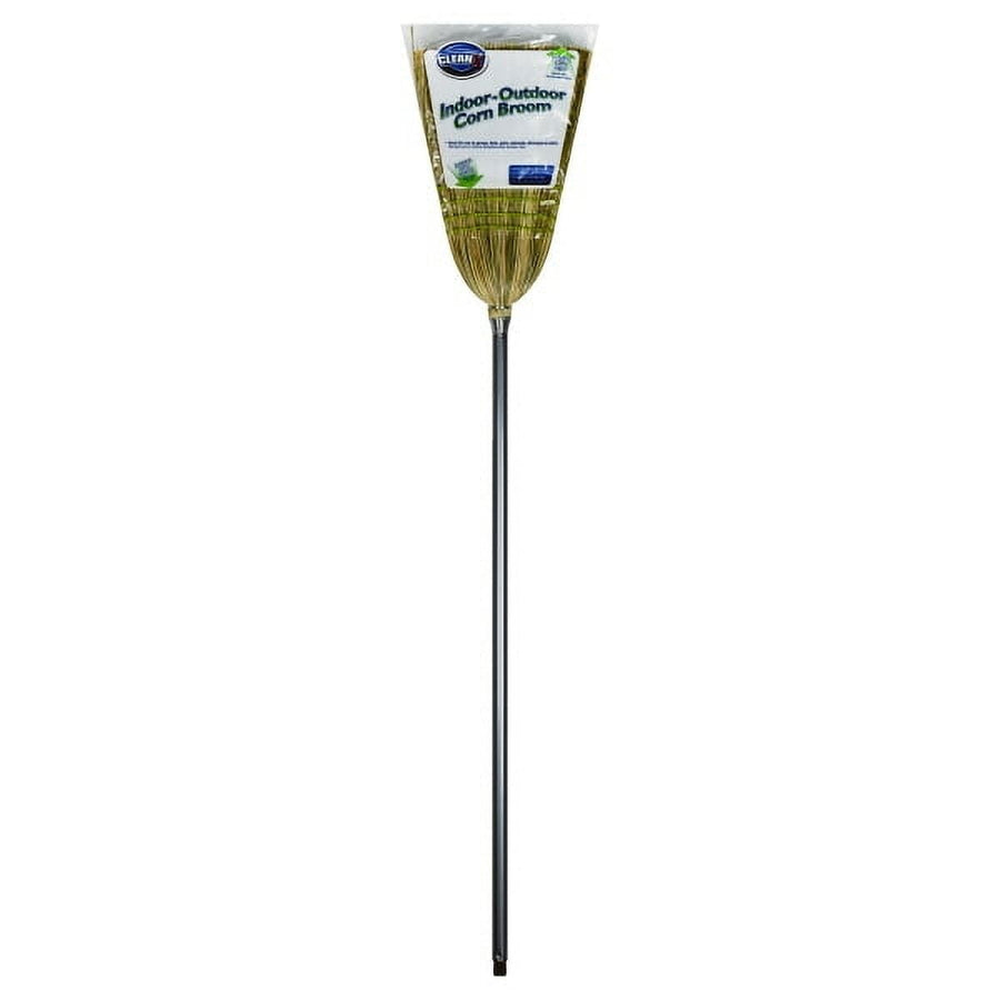 Single packaged indoor-outdoor corn broom with natural straw bristles and a long black metal handle on a white background