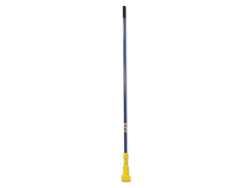 Slim blue mop handle with yellow gripper attachment and black top grip on white background