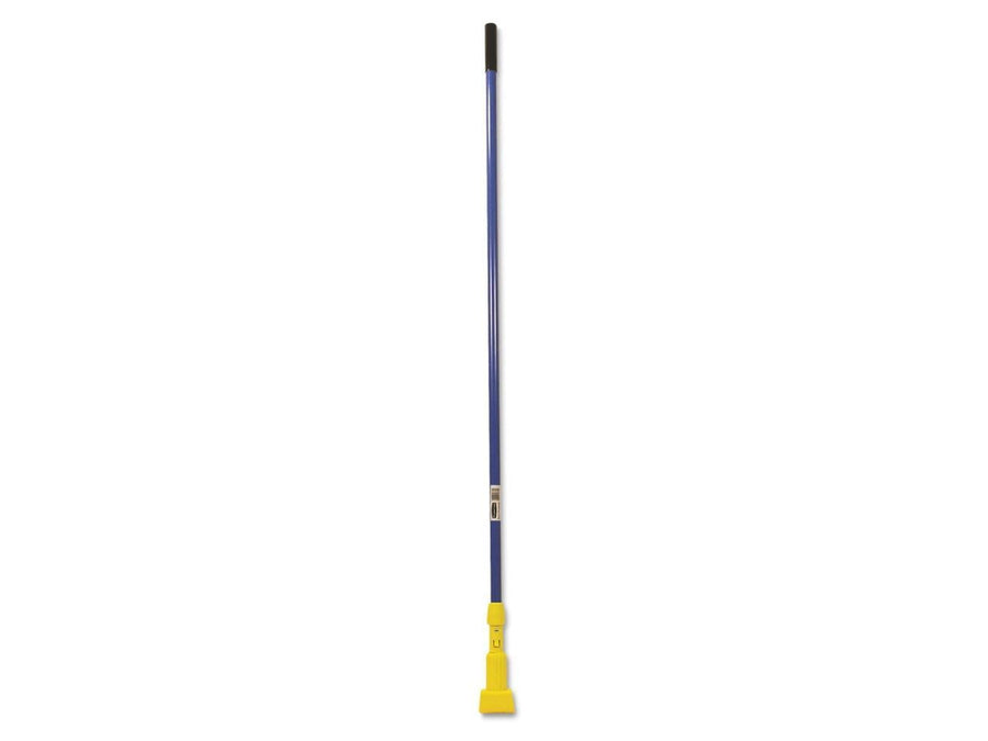 Slim blue mop handle with yellow gripper attachment and black top grip on white background