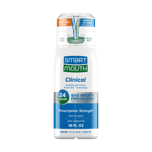 White SmartMouth Clinical mouth rinse bottle with blue label and green logo on a white background.