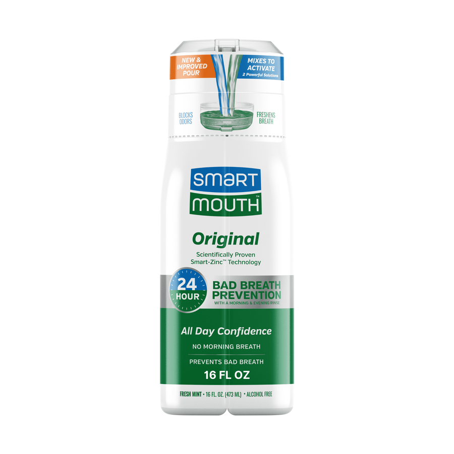 Front-facing SmartMouth Original activated breath rinse bottle with green label and 16 fl oz marking