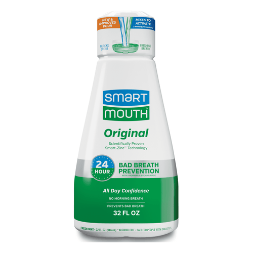 Front view of a SmartMouth Original dual-solution mouthwash bottle with green label and 24-hour badge on white background.