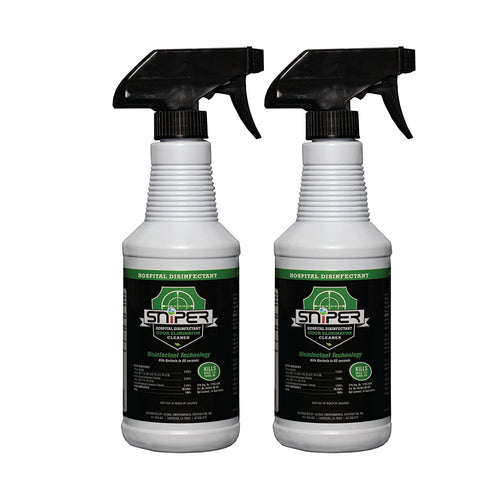 Two white spray bottles with black triggers showing Sniper hospital disinfectant labels side by side on white background