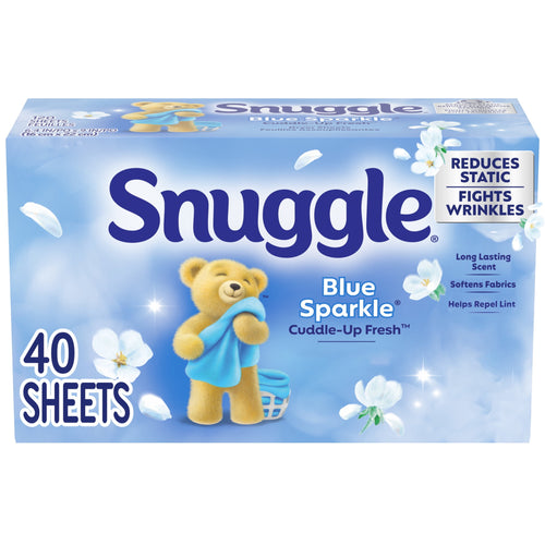 Snuggle Blue Sparkle dryer sheets box with teddy bear mascot and floral accents, labeled 40 sheets