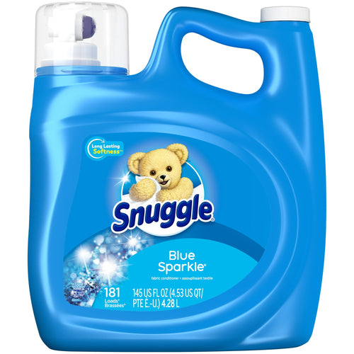 Large blue Snuggle liquid fabric softener jug with handle and label showing the Snuggle bear and Blue Sparkle scent.