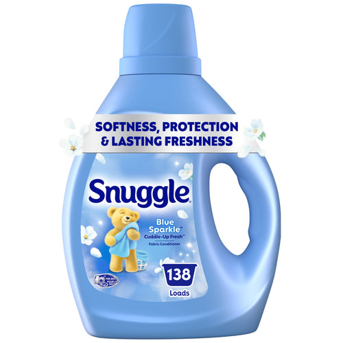 Blue Snuggle liquid fabric softener bottle with label showing teddy bear, blossoms and '138 loads' badge
