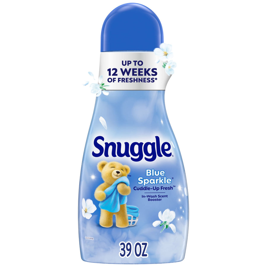 Blue Snuggle Blue Sparkle in-wash scent booster bottle with teddy mascot and 39 oz label on white background