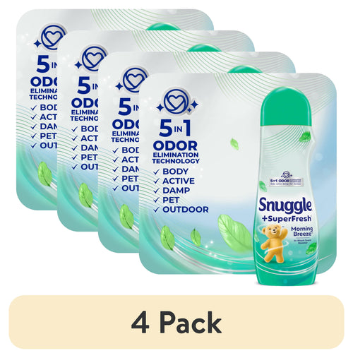 Four-pack graphic showing Snuggle +SuperFresh Morning Breeze scent booster imagery with 4 Pack label and floating green leaves.