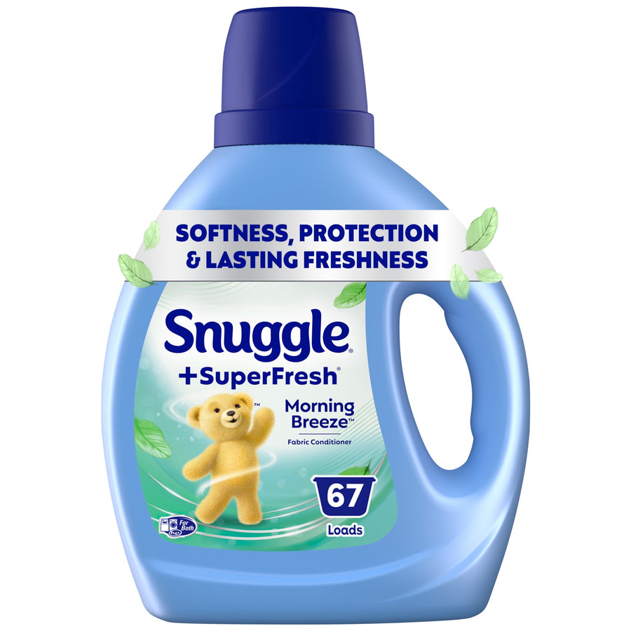 Blue Snuggle SuperFresh Morning Breeze fabric softener bottle with teddy bear logo and 67 loads badge