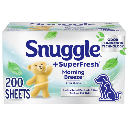 Box of Snuggle +SuperFresh Morning Breeze dryer sheets packaging with bear mascot and 200 sheets text