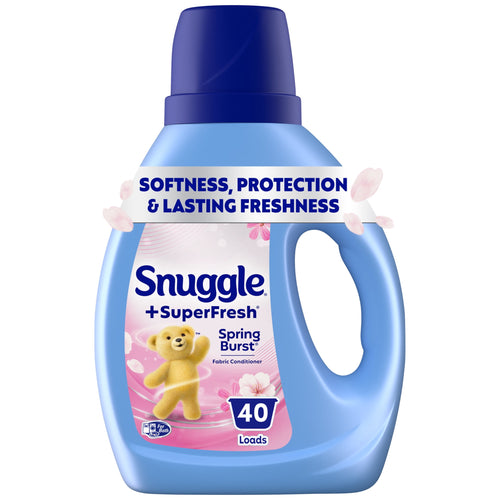 Blue Snuggle SuperFresh Spring Burst fabric conditioner bottle with bear logo and 40 loads label on white background.