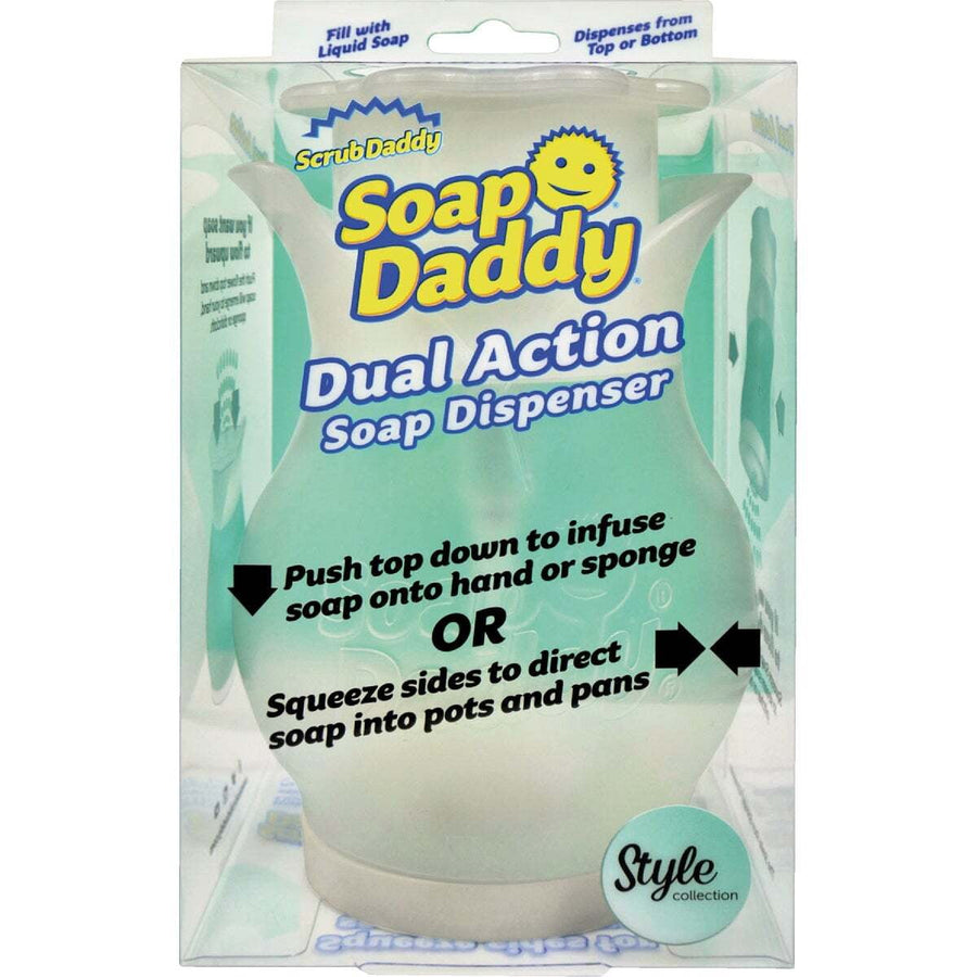 Clear Soap Daddy dual-action refillable soap dispenser in retail blister pack with product branding