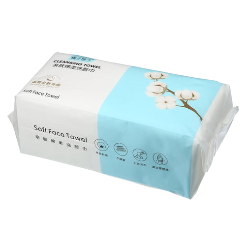Packaged soft face towel in white and light blue wrapper with cotton graphic and product icons.