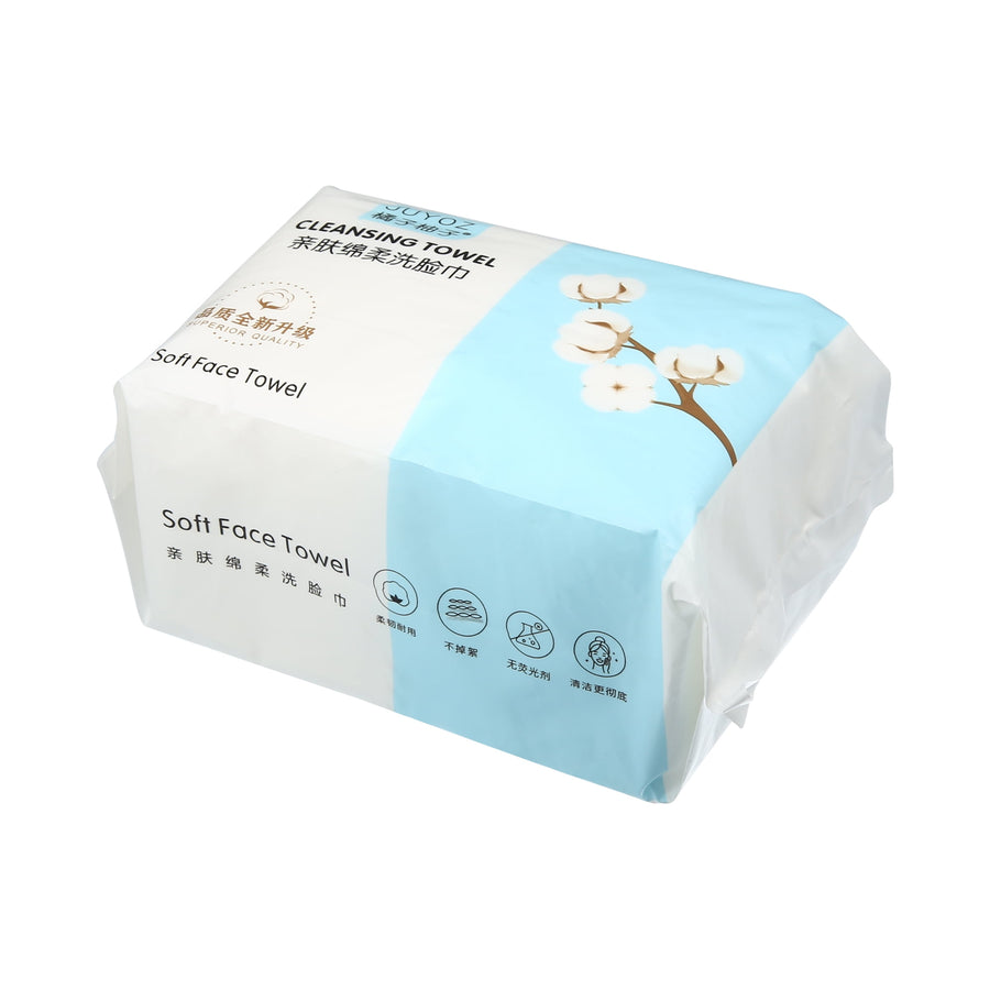 Packaged soft face towel in white and light blue wrapper with cotton blossom graphic and product icons