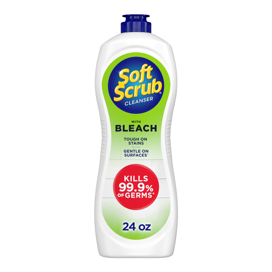 Front view of a Soft Scrub cleanser bottle with bleach label and 24 oz marking on white background