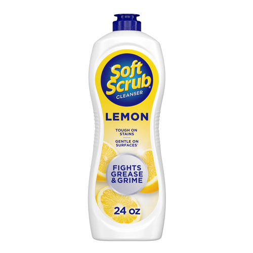 Soft Scrub bottle front view with lemon label and blue cap on white background, showing product name and 24 oz volume